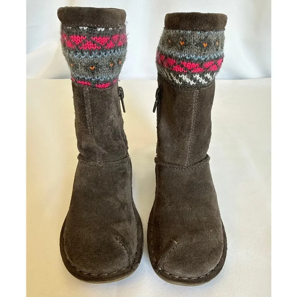 Clarks Faux Furr Lined Boots Gray Fair-Isle Knitted Cuff Snuggle Love Girls 8.5